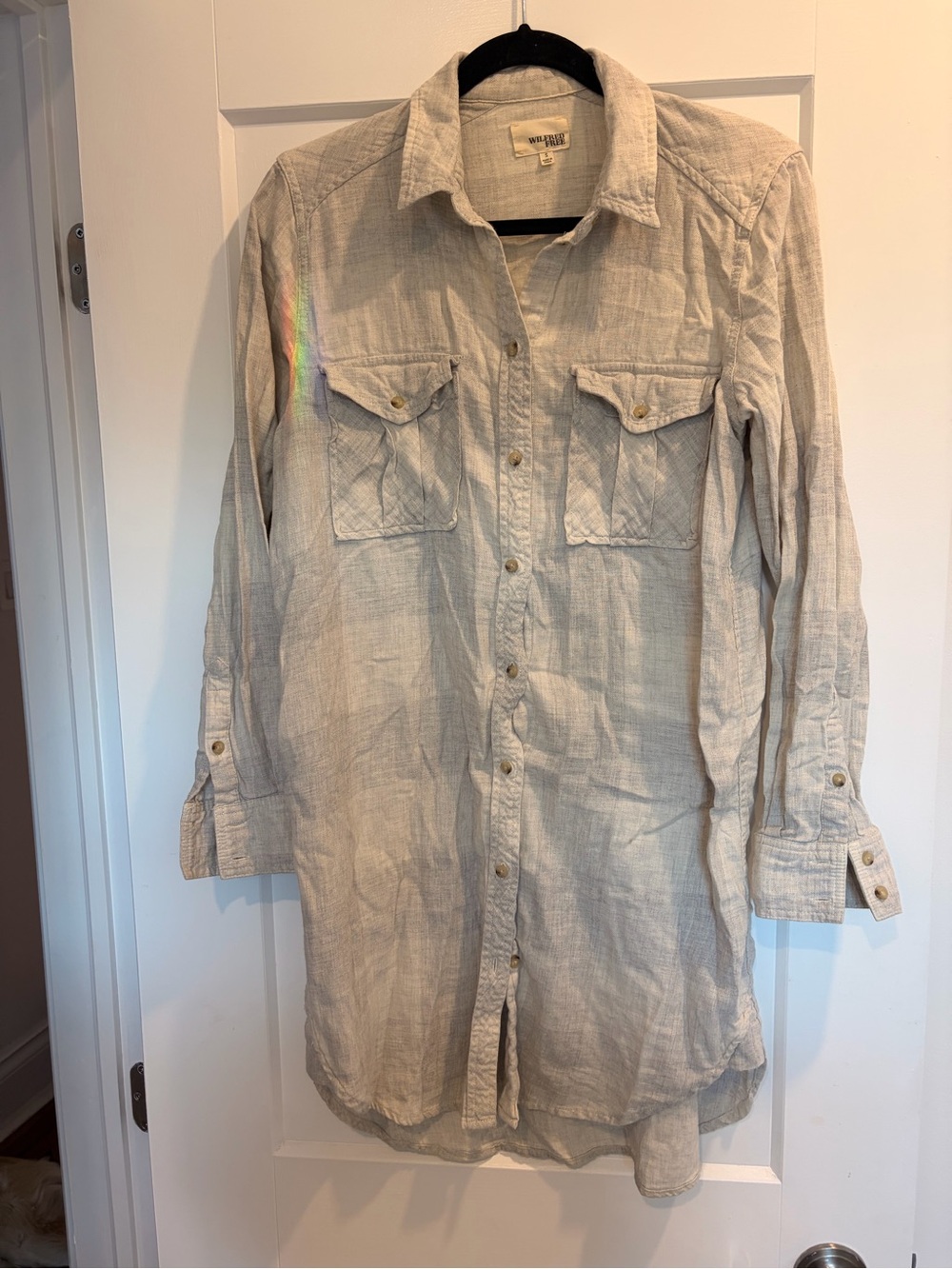 Women’s Long Sleeve Button-Front Shirt Dress in Light Beige
